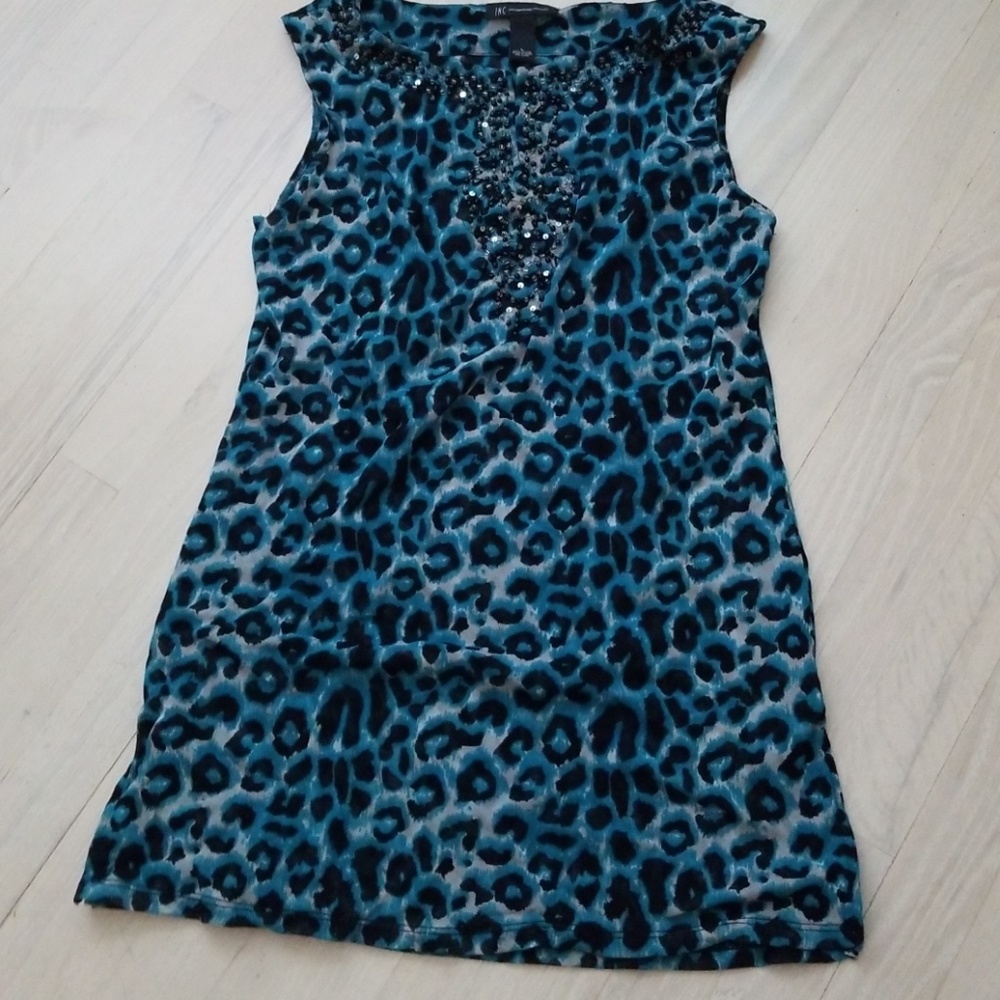 INC Cheetah Blue Sequin Top Size Large